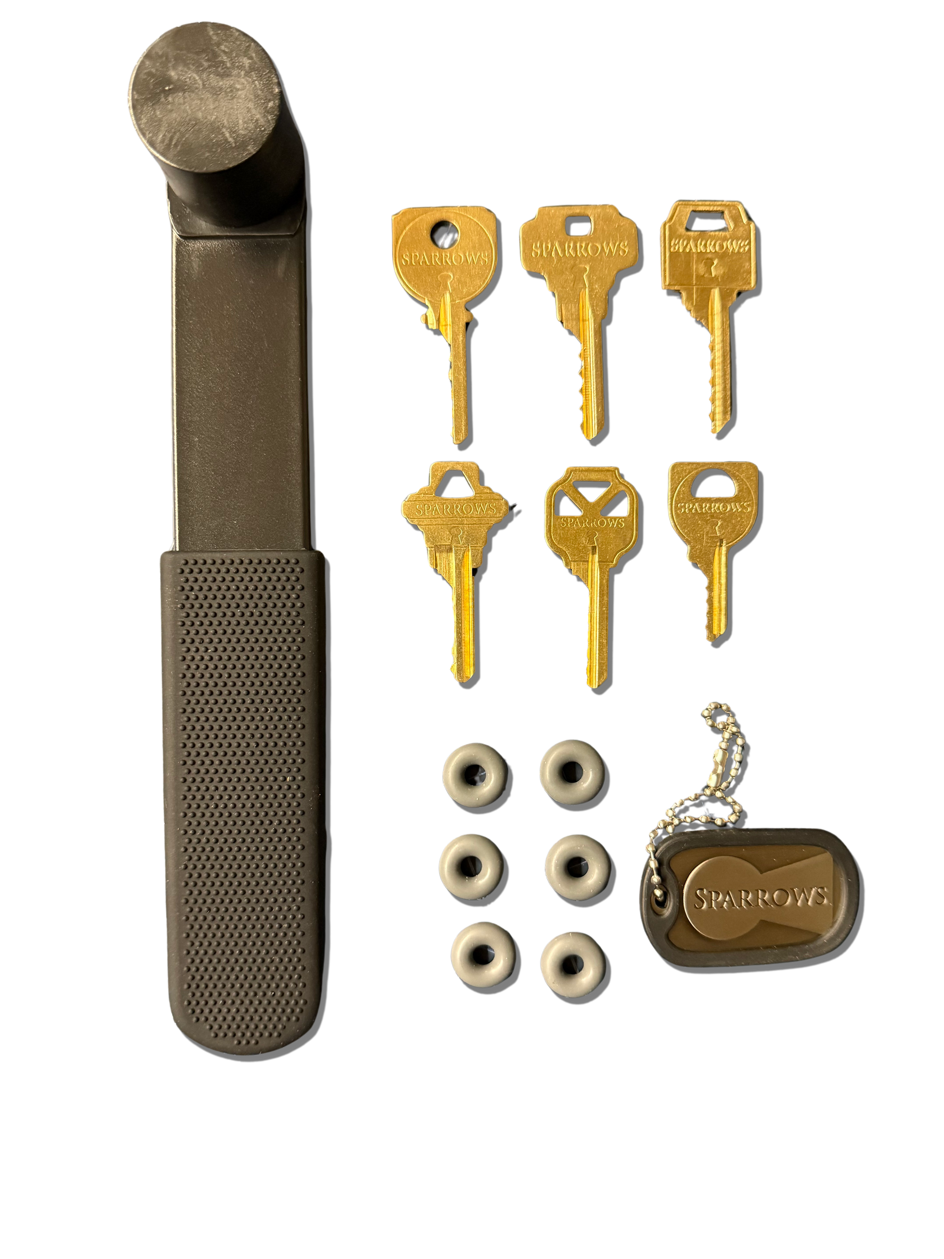 black bump hammer with brass bump keys and blackish rubber washers.